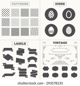 Seamless patterns. Sale tags labels. Easter eggs icons. Circles and floral patterns symbols. Tradition Pasch signs. Vintage decoration. Vector