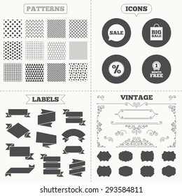 Seamless patterns. Sale tags labels. Sale speech bubble icon. Discount star symbol. Big sale shopping bag sign. First month free medal. Vintage decoration. Vector