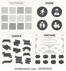 Seamless patterns. Sale tags labels. Businessman person icon. Group of people symbol. Man love Woman or Lovers sign. Caution slippery. Vintage decoration. Vector