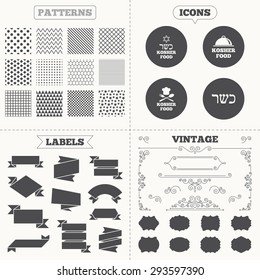 Seamless patterns. Sale tags labels. Kosher food product icons. Chef hat with fork and spoon sign. Star of David. Natural food symbols. Vintage decoration. Vector