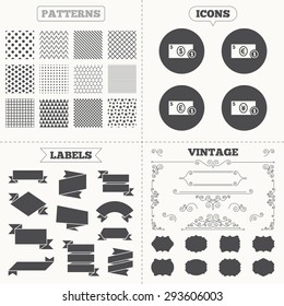 Seamless patterns. Sale tags labels. Businessman case icons. Dollar, yen, euro and pound currency sign symbols. Vintage decoration. Vector