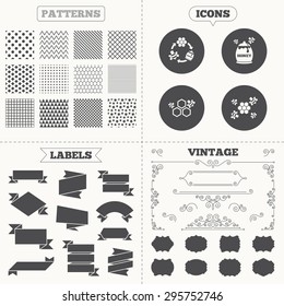 Seamless patterns. Sale tags labels. Honey icon. Honeycomb cells with bees symbol. Sweet natural food signs. Vintage decoration. Vector