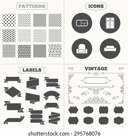 Seamless patterns. Sale tags labels. Furniture icons. Sofa, cupboard, and book shelf signs. Modern armchair symbol. Vintage decoration. Vector