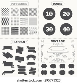 Seamless patterns. Sale tags labels. Sale discount icons. Special offer price signs. 10, 20, 30 and 40 percent off reduction symbols. Vintage decoration. Vector