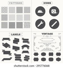 Seamless patterns. Sale tags labels. Construction helmet and wrench key tool icons. Ruler and tape measure roulette sign symbols. Vintage decoration. Vector
