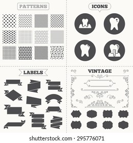 Seamless patterns. Sale tags labels. Dental care icons. Caries tooth sign. Tooth endosseous implant symbol. Parodontosis gingivitis sign. Vintage decoration. Vector