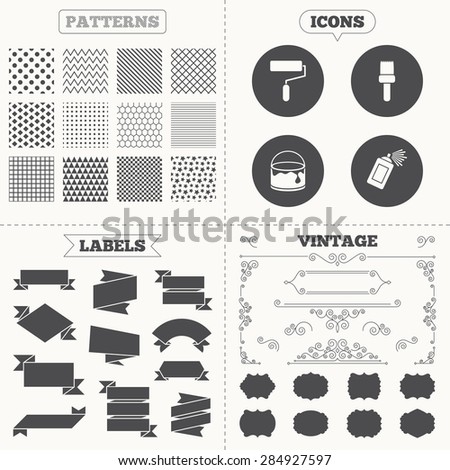 Seamless patterns. Sale tags labels. Painting roller, brush icons. Spray can and Bucket of paint signs. Wall repair tool and painting symbol. Vintage decoration. Vector
