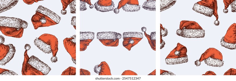 Seamless patterns of Santa Claus hats sketches, vector background, paper, wrapper 