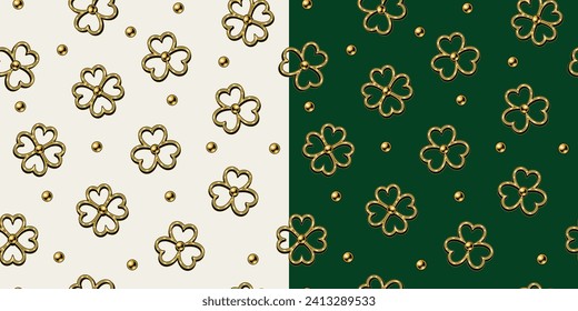 Seamless patterns with scattered beads, shamrocks leaves like golden jewel pendants. St Patricks Day design on white, dark background. Vintage illustration for prints, clothing, surface design