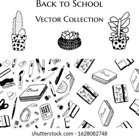 Seamless patterns school stationery items. Black on white background. Plants succulents, pens, pencils, brushes, stapler, books. Vector Collection. Perfect for print, poster, textile. Doodle style