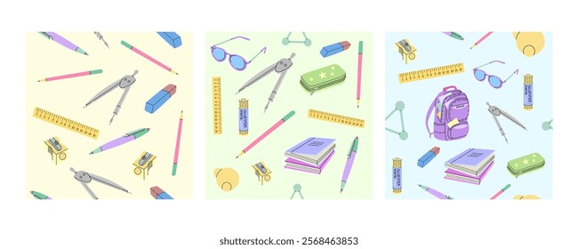 Seamless patterns with school supplies, compasses, rulers, and books in flat doodle style