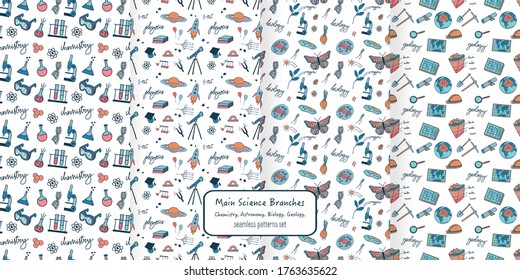 Seamless patterns with science branches as chemistry, physics, biology and geology. Cute doodle background with pastel colours.