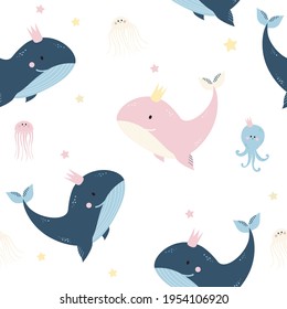 Seamless patterns with sea animals. Cute blue and pink whale, jellyfish and octopus on a light background. Vector. For design, decoration, printing, textiles, packaging and wallpaper