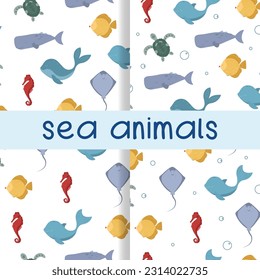 Seamless patterns. sea animals in a flat cartoon style. fishes, turtle, seahorse