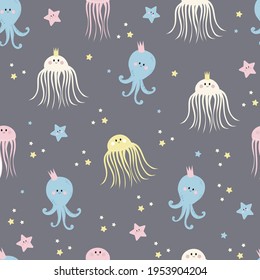 Seamless patterns with sea inhabitants. Cute starfishes, jellyfish and octopus on a gray background. Vector. Childrens collection For design, decor, printing, packaging, textiles and wallpaper