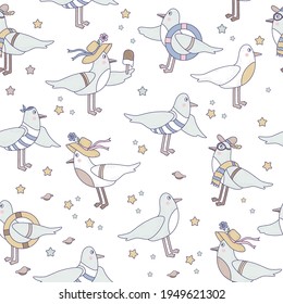 Seamless patterns with seabirds. Cute funny seagulls in beachwear on a white background with seashells and starfish. Vector. For design, decoration, printing, packaging, textiles and wallpaper