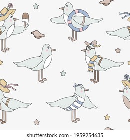 Seamless patterns with seabirds. Cute funny seagulls in beachwear on a light background. Vector. For design, decor, printing, packaging, textiles, wallpaper