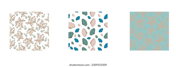 Seamless patterns with seashells and corals.Vector.Organic floral doodle shapes.
