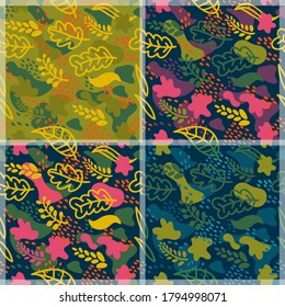 Seamless patterns seasonal dark set. Hand drawn leaves, flowers. Modern fashion backdrop collection. Green, pink colors. Decorative herbal floral elements. Textile, paper design. 