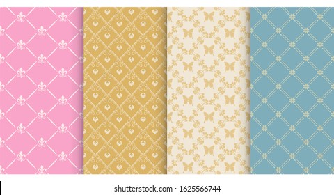 Seamless patterns - set of 4 backgrounds. Decorative patterns in retro style. Colors in the image: gold, pink, white, blue. Vintage patterns, vector graphics.