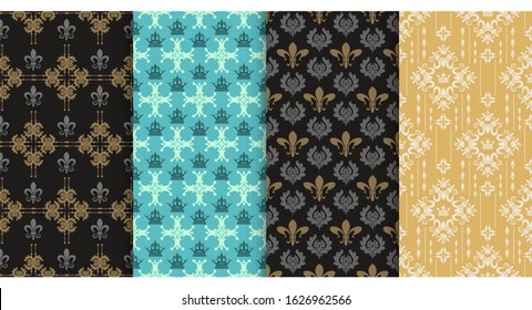 Seamless patterns - set of 4 backgrounds. Decorative patterns in vintage style. Colors in the image: black, gold, green, silver. Vintage patterns, vector graphics.