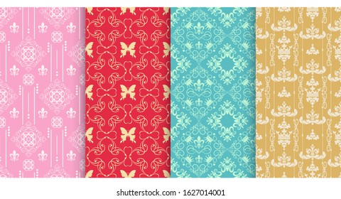 Seamless patterns - set of 4 backgrounds. Decorative patterns in retro style. Colors in the image: pink, gold, red, green. Vintage patterns, vector illustration.