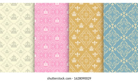 Seamless patterns. Set of 4 backgrounds. Decorative patterns in retro style. Colors: gold, pink, white, blue. Vintage patterns, vector image