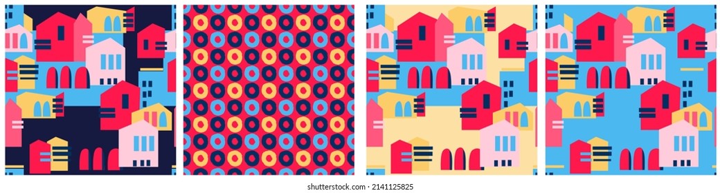 Seamless patterns set, abstract colorful cityscape on blue background for surface design and other design projects