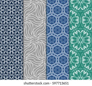 seamless patterns set, abstract floral geometric texture. Ornament for interior design, greeting cards, birthday or wedding invitations, paper print. Ethnic background in east style.