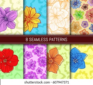 Seamless patterns set. Abstract flowers backgrounds. Vector illustration.