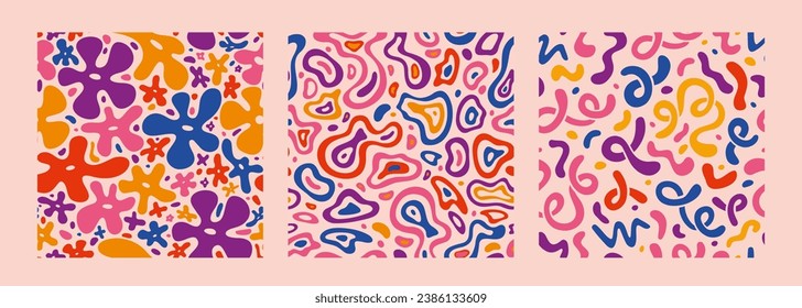 Seamless patterns set with abstract fluid shapes and groovy flowers, cartoon style. Funky retro style, Wavy lines. Trendy modern vector illustration, hand drawn, flat design