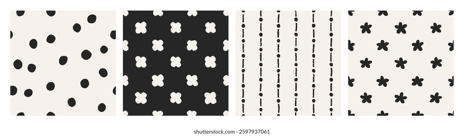Seamless patterns set. Abstract hand-drawn textures with polka dot, lines, tiny flowers, organic shapes. Endless background, print for textile, fabric design. Modern flat vector illustrations