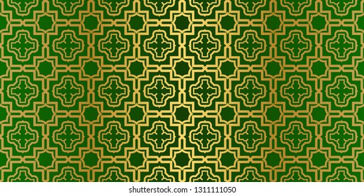 Seamless Patterns Set, Abstract Traditional Geometric Texture. Ornament For Interior Design, Greeting Cards, Birthday Or Wedding Invitations, Paper Print. Ethnic Background In East Style. Green gold.
