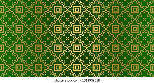 Seamless Patterns Set, Abstract Traditional Geometric Texture. Ornament For Interior Design, Greeting Cards, Birthday Or Wedding Invitations, Paper Print. Ethnic Background In East Style. Green gold.