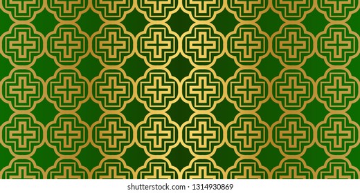 Seamless Patterns Set, Abstract Traditional Geometric Texture. Ornament For Interior Design, Greeting Cards, Birthday Or Wedding Invitations, Paper Print. Ethnic Background In East Style. Green gold.