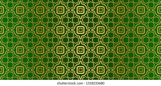 Seamless Patterns Set, Abstract Traditional Geometric Texture. Ornament For Interior Design, Greeting Cards, Birthday Or Wedding Invitations, Paper Print. Ethnic Background In East Style. Green gold.
