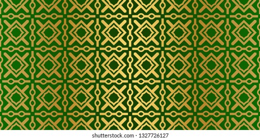 Seamless Patterns Set, Abstract Traditional Geometric Texture. Ornament For Interior Design, Greeting Cards, Birthday Or Wedding Invitations, Paper Print. Ethnic Background In East Style. Green gold.