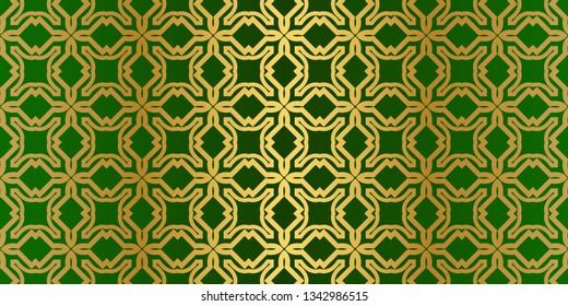 Seamless Patterns Set, Abstract Traditional Geometric Texture. Ornament For Interior Design, Greeting Cards, Birthday Or Wedding Invitations, Paper Print. Ethnic Background In East Style. Green gold.