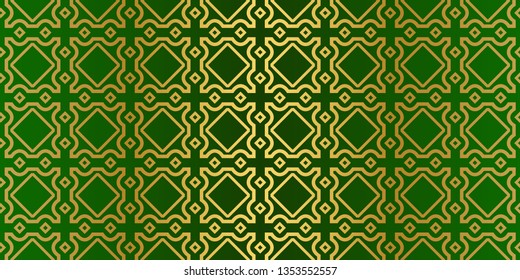 Seamless Patterns Set, Abstract Traditional Geometric Texture. Ornament For Interior Design, Greeting Cards, Birthday Or Wedding Invitations, Paper Print. Ethnic Background In East Style. Green gold.