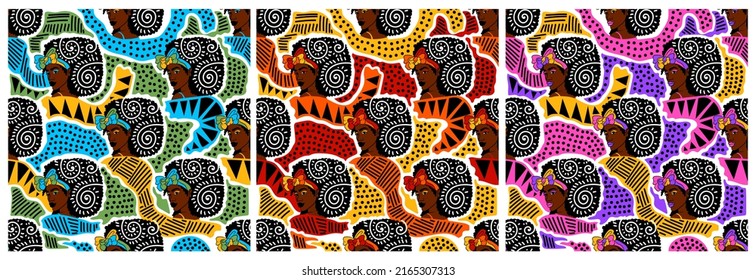 Seamless patterns set with african american girls, and original hand drawn elements. Three fashion backgrounds with black women