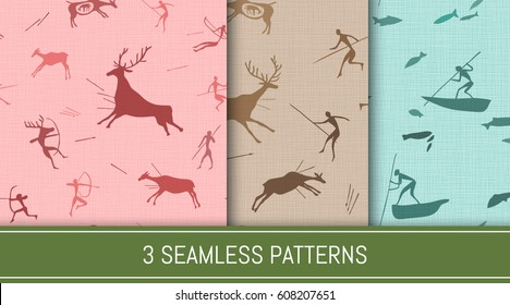 Seamless patterns set. Ancient people hunting and fishing scenes. Abstract backgrounds. Vector illustration.