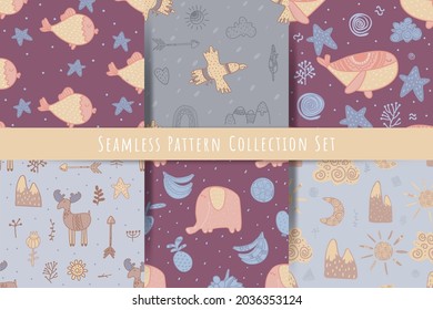 Seamless patterns set with animals, mountains, baby seamless patern