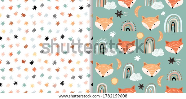 Seamless patterns set with animals and stars,\
baby decorations