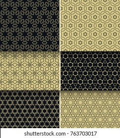 Seamless patterns set in arabian style. Stylish graphic gold and black geometric backgrounds collections, line art. Tribal ethnic ornament, vector illustration