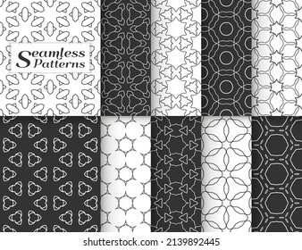 Seamless patterns set in arabic style. Stylish black and white graphic, geometric linear background. Line art texture for wallpaper, card, invitation, banner, fabric print. Ethnic ornament