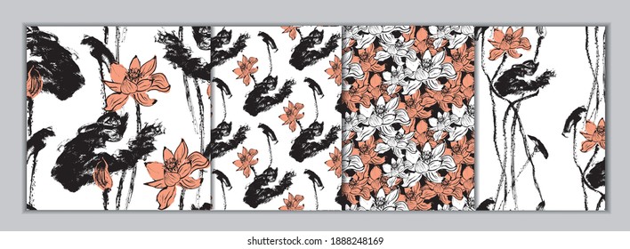 Seamless patterns set with asian style ink lotus flowers in black and pink colors. Repeat patterns with minimalistic sumi-e floral pattern. White background. Stock vector illustration.
