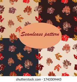Seamless patterns set with autumn leaves. Beautiful colorful on dark background. Abstract style. Stock vector illustration for decoration and design, children's books and coloring, fabrics.
