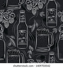 Seamless patterns with set of beer bottle, mug and hop on black chalkboard. Ideal for printing onto fabric and paper or scrap booking.