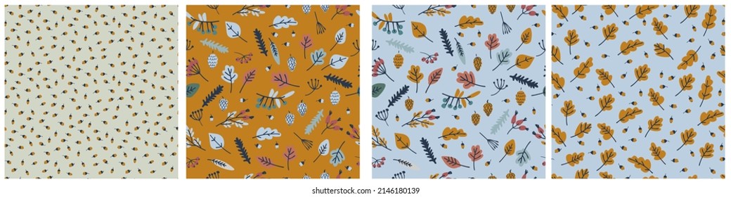 Nahtlose Muster mit Beeren und Blättern auf blauem Hintergrund. Herbstkonzept. Für Textil-, Oberflächendesign- und andere Design-Projekte