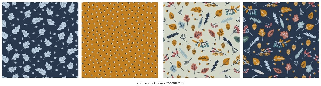 Seamless patterns set with berries and leaves on blue background. Autumn concept. For textile, surface design and other design projects